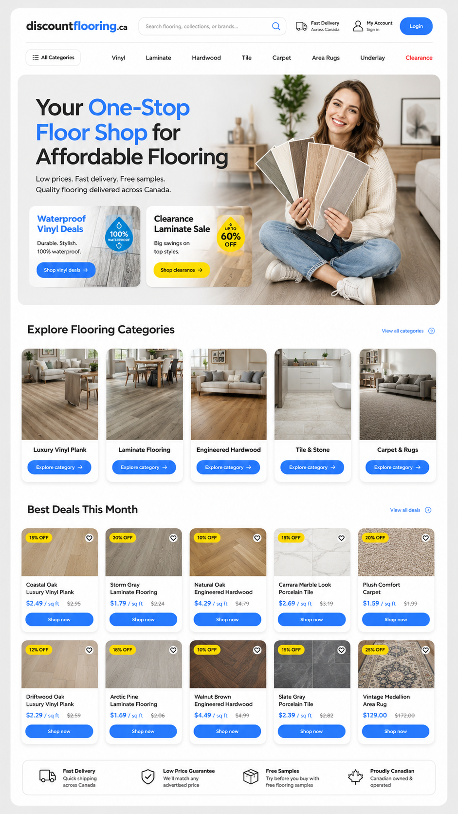 DiscountFlooring.ca ecommerce homepage mockup showing flooring categories, deals, and product cards